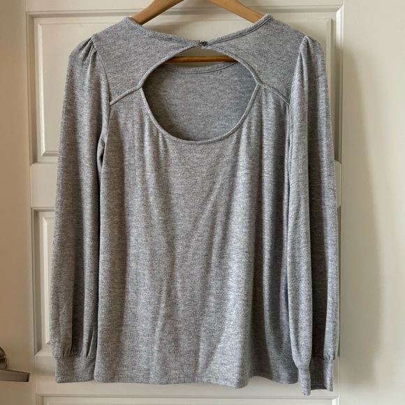 LOFT Knit Puff Sleeve Sweater with Back Cutout Detail in Gray Size XS - Picture 3 of 4